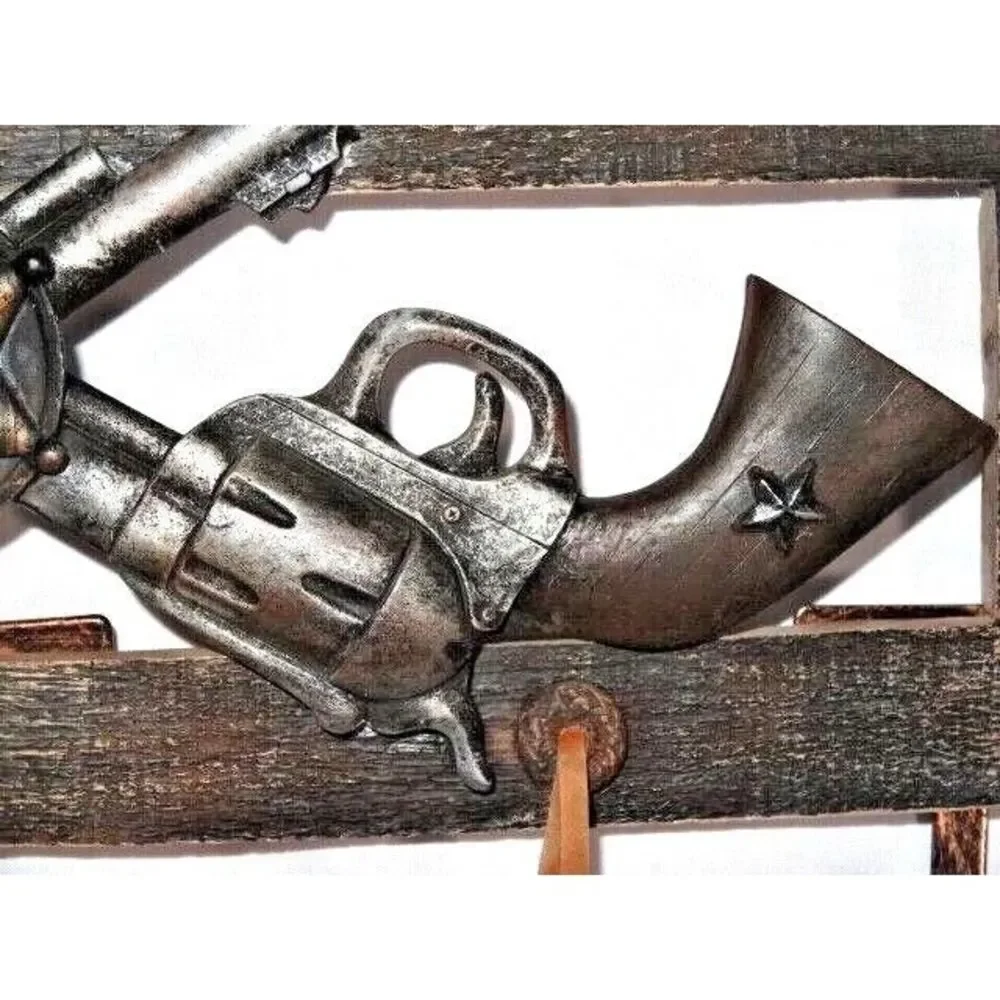 Western Metal Hooks Wall Decor Sheriffs Badge Star Guns Cast Iron Wood Gift NEW